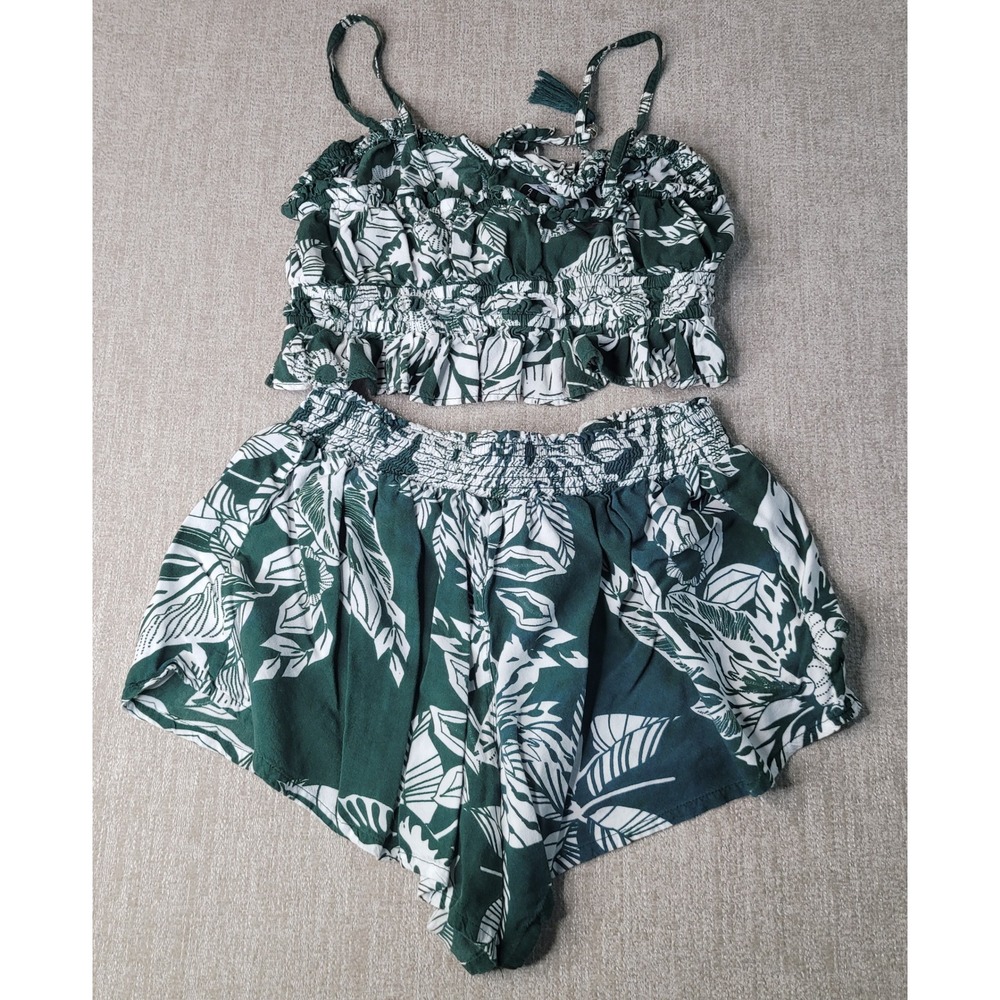 Paradise USA Shorts Set Womens S Green White Tropical Leaf Crop Top Ruffle - Picture 7 of 10